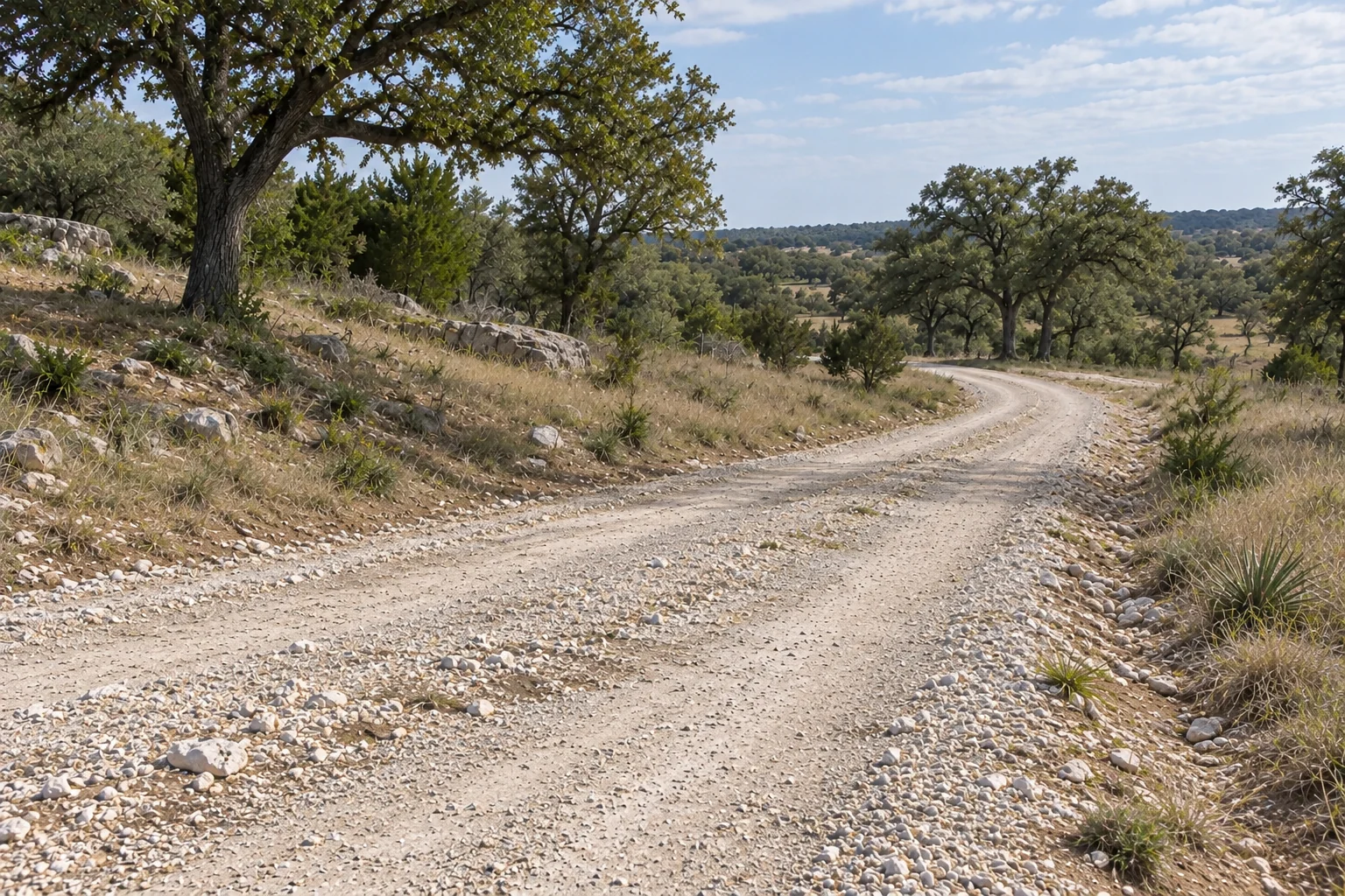 Ranch road with a crushed-stone surface, shaped edges, and trees and brush on both sides