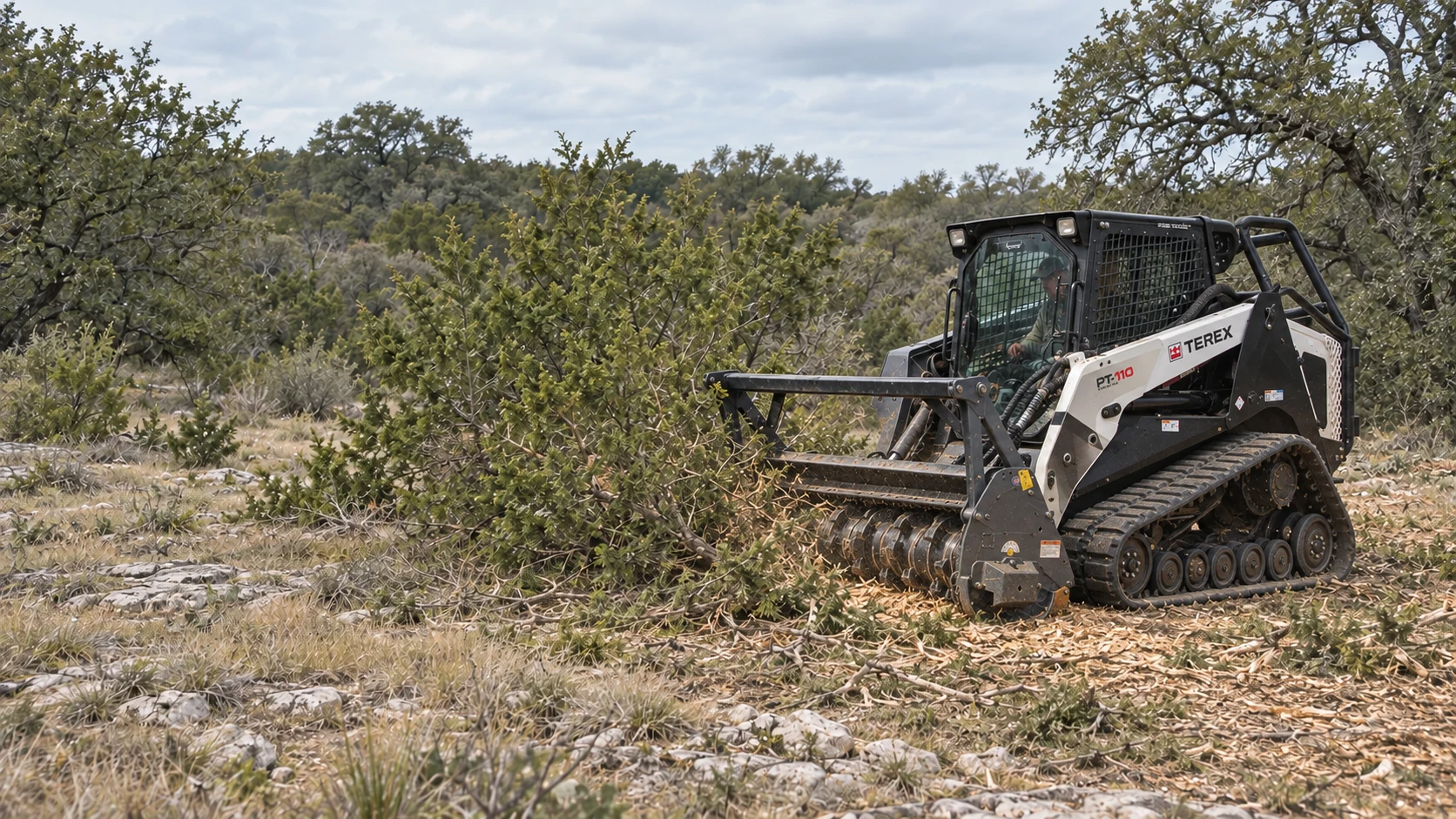 Terex PT-110 forestry loader mulching cedar brush in the Texas Hill Country