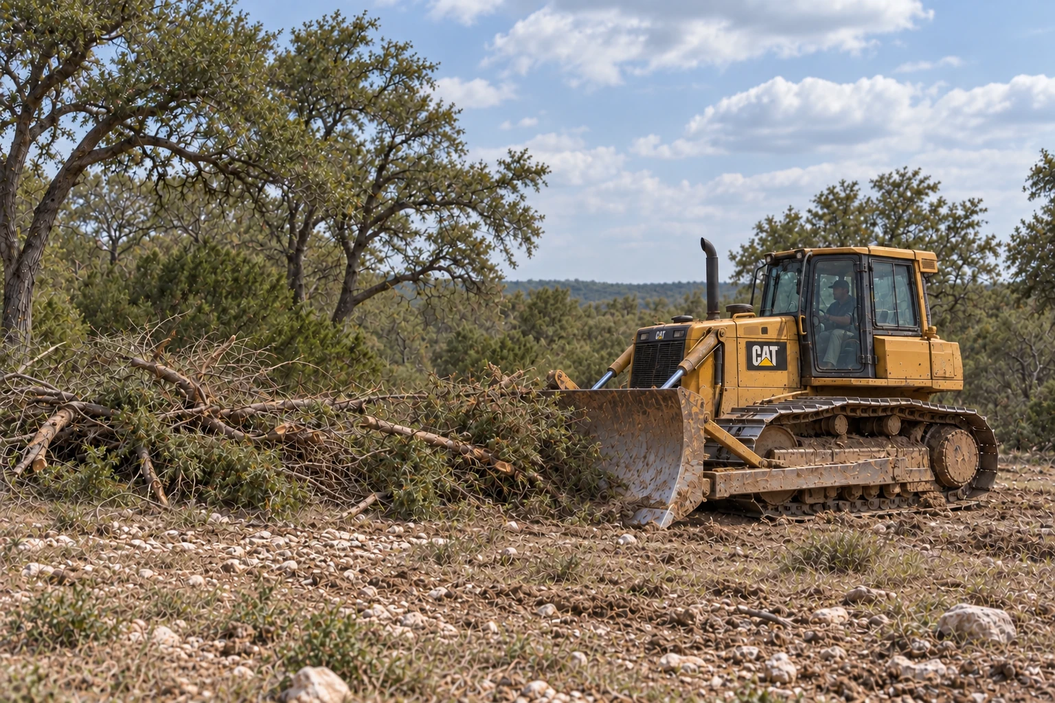 CAT dozer clearing cedar brush around mature live oak trees