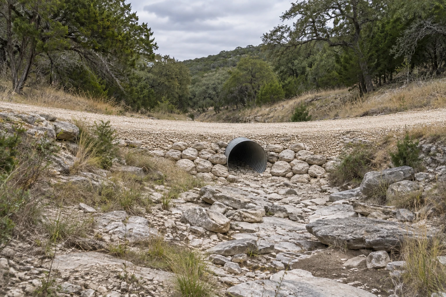 Limestone ranch road crossing a dry creek over a corrugated metal culvert