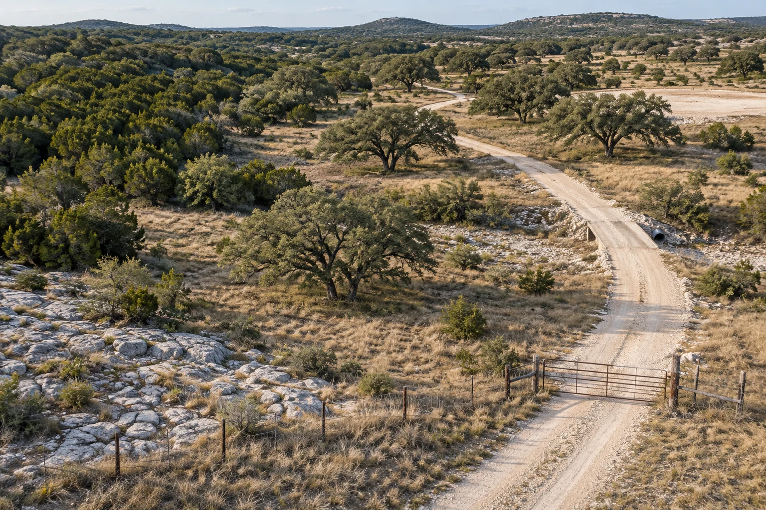 Hill Country land with live oaks, brush, exposed limestone, a gate, and a road crossing a dry creek