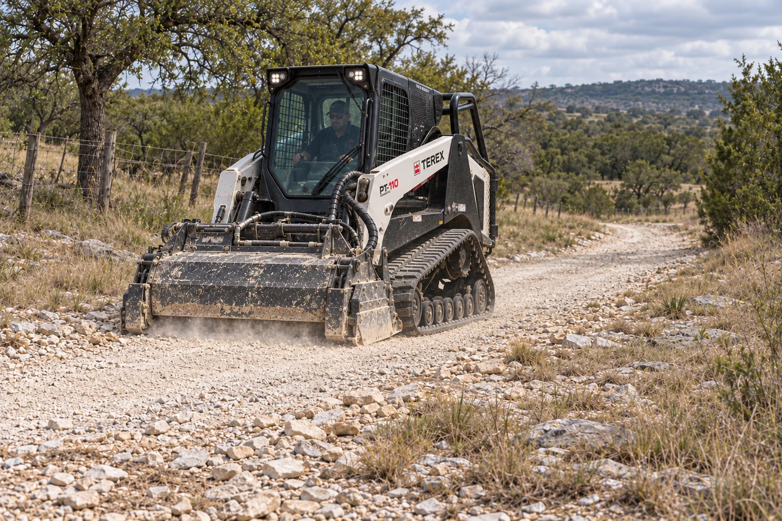 Terex PT-110 compact track loader milling exposed limestone on a ranch access route